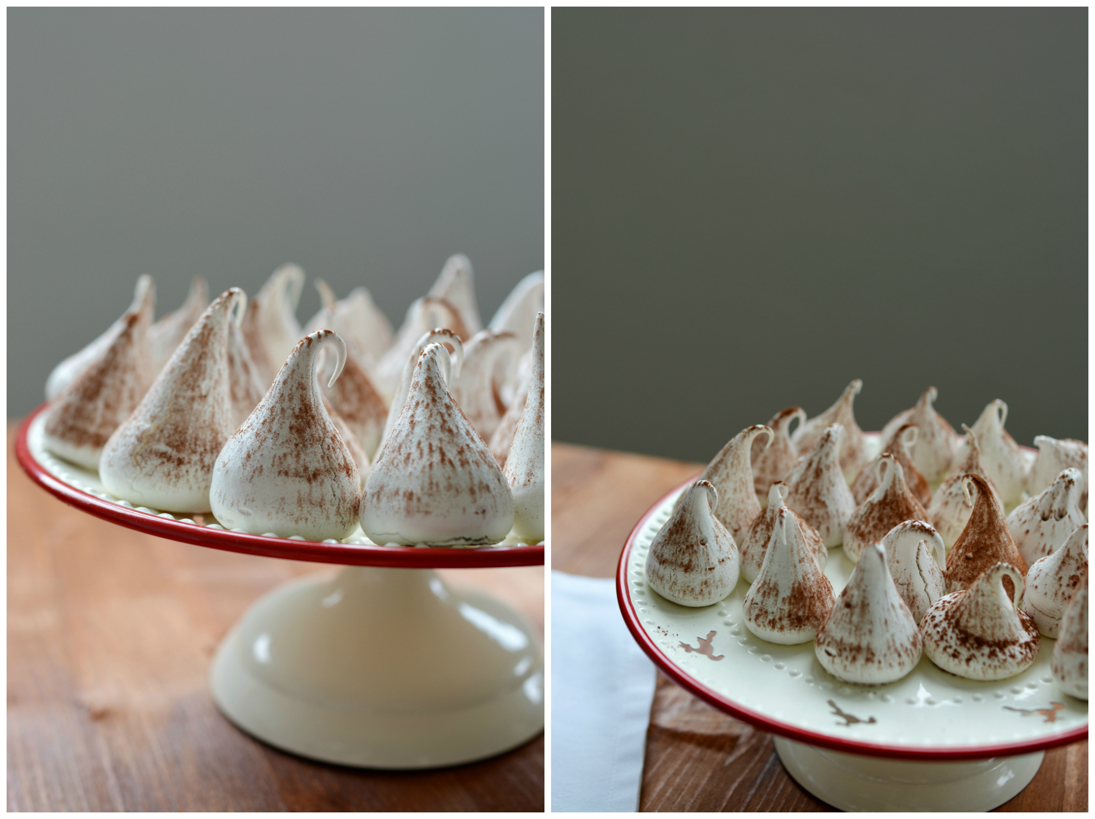 a collage of 2 images; left image shows a half-view of a cake table with a batch of swiss meringue kisses. right image top-view image of a cake table with swiss meringue kisses
