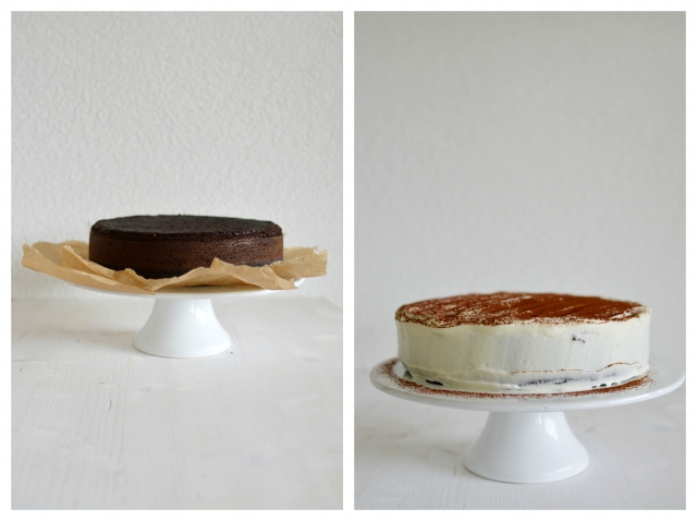 collage of two images: on the left, a chocolate cake on a table with parchment paper; on the right, a cake with cream cheese frosting and a dusting of cocoa powder