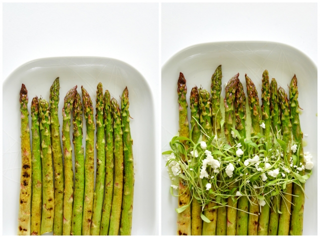 collage of 2 images of a plate left image show a plate with asparagus stems and the right images shows asparagus stems with cress and feta cheese