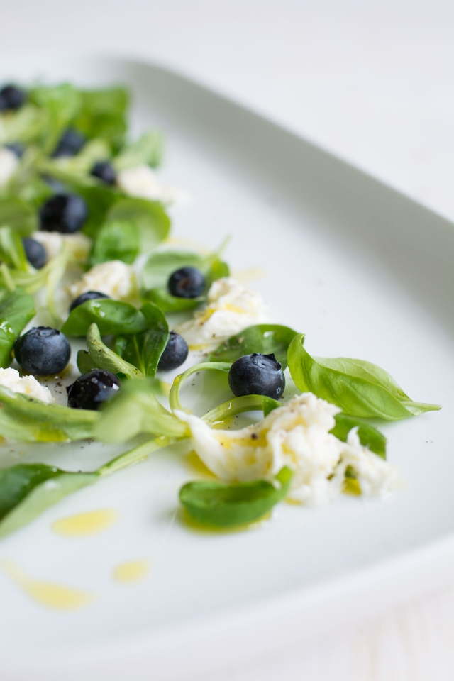close-up photo of ripe blueberries and caprese salad featuring fresh mozzarella, drizzled with olive oil.