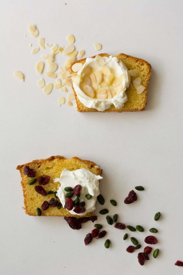 pound cake with almonds, greek yogurt and honey toppings
