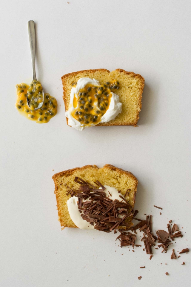 pound cake with gree yogurt and passion fruit toppings