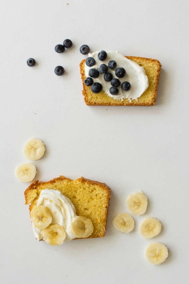 pound cake with blueberries and creme fraiche toppings
