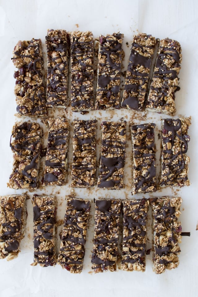 Top view Image Of No Bake Popped Quinoa Granola Bars with Cashews, Peanut Butter and Chocolate