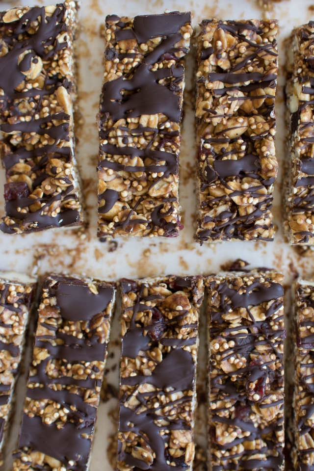 Top view of No Bake Popped Quinoa Granola Bars with Cashews, Peanut Butter and Chocolate 