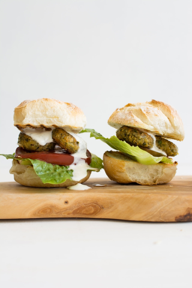 close up image of two felafel burgers