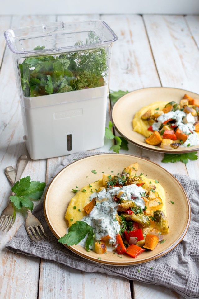 Polenta is a delicious, creamy base for a great vegetarian meal. Pair it with seasoned roasted vegetables and this zingy, herby dressing for a great meal!