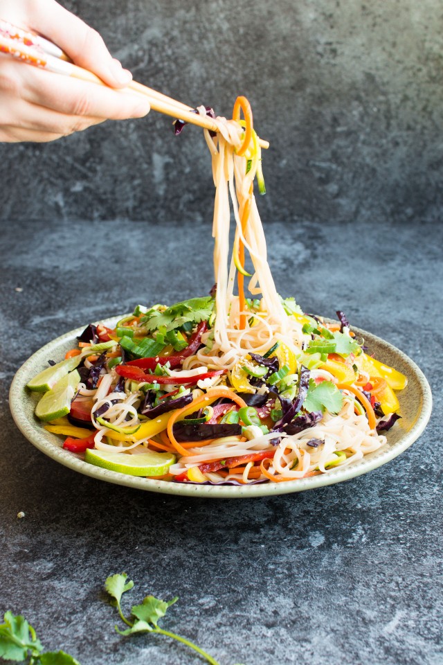This rainbow noodle salad is absolutely full of great flavours, with rice noodles, zucchini noodles and carrot noodles, tons of crunchy veggies and a zingy sauce, every mouthful is exciting!! Click through to see just how easy this delicious, light salad is to make!