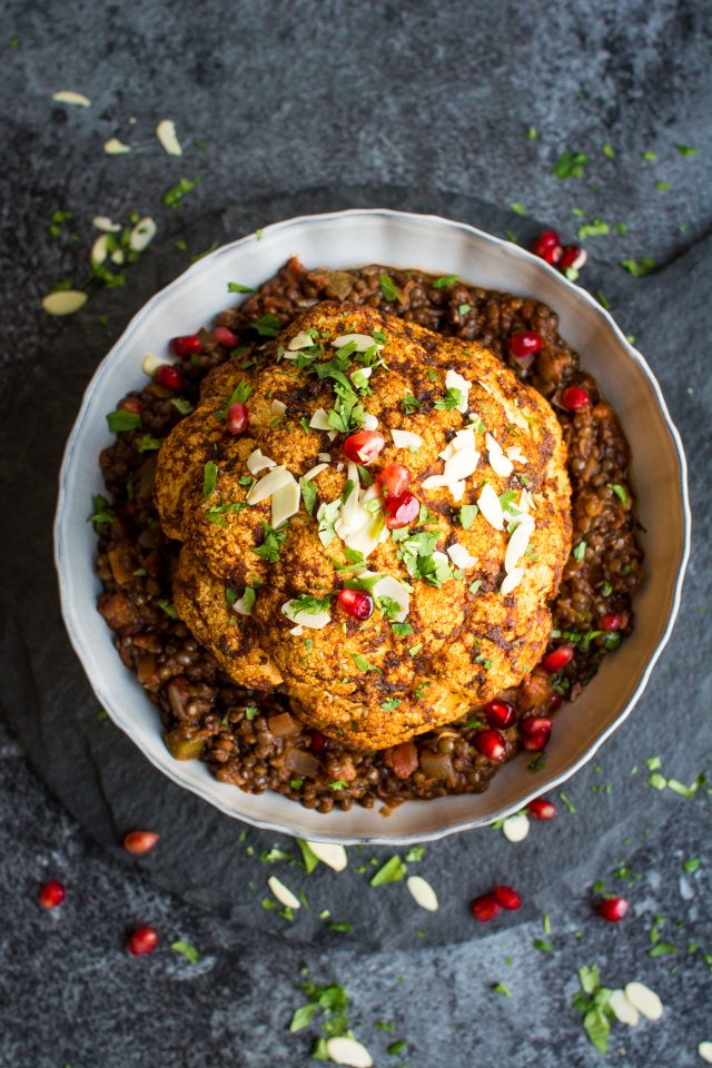 Whole Spiced Roasted Cauliflower with Spicy Lentils, a great vegan Christmas dinner!