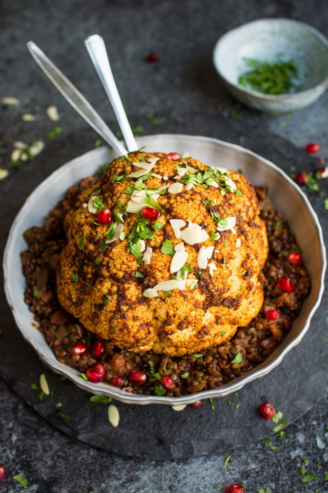 Whole Spiced Roasted Cauliflower with Spicy Lentils, a great vegan Christmas dinner!