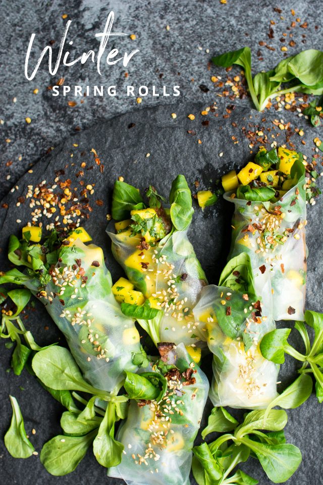 Vegan Winter Spring Rolls Two Ways! Crispy Baked Tofu with a zingy mango lime salsa!