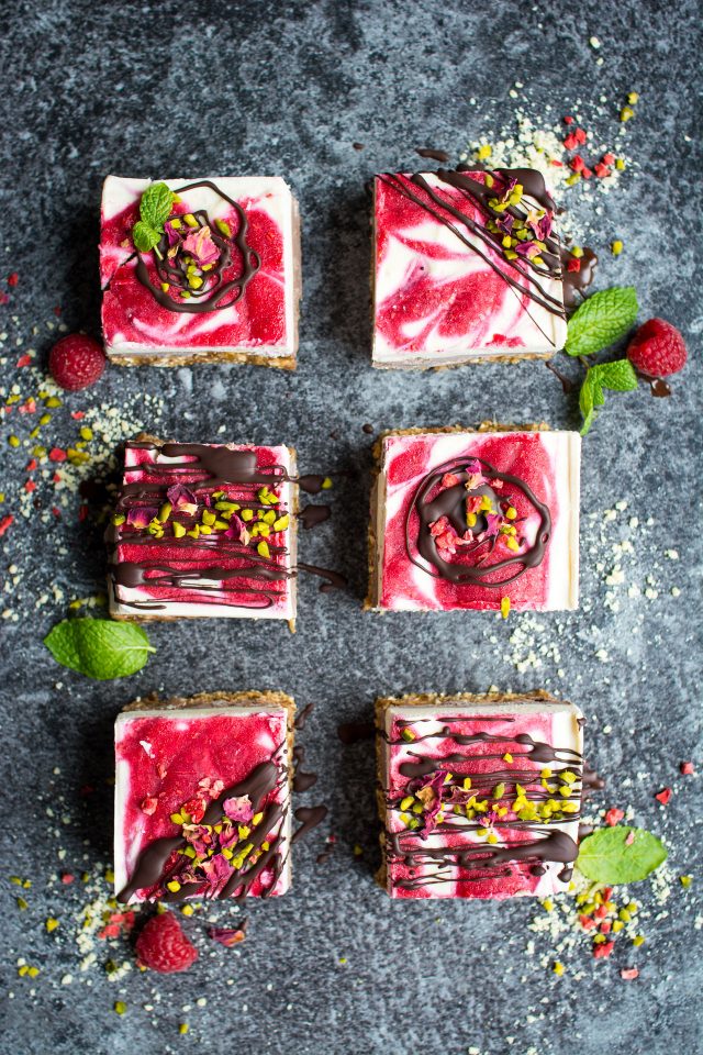 Raspberry Ripple and Chocolate Raw Cheesecake Bars. A simple, refined sugar free vegan dessert!
