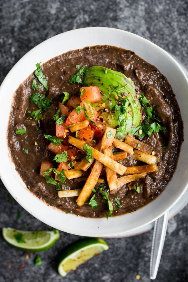 A thick, textured black bean soup that's slowly simmered to be PACKED full of flavour!