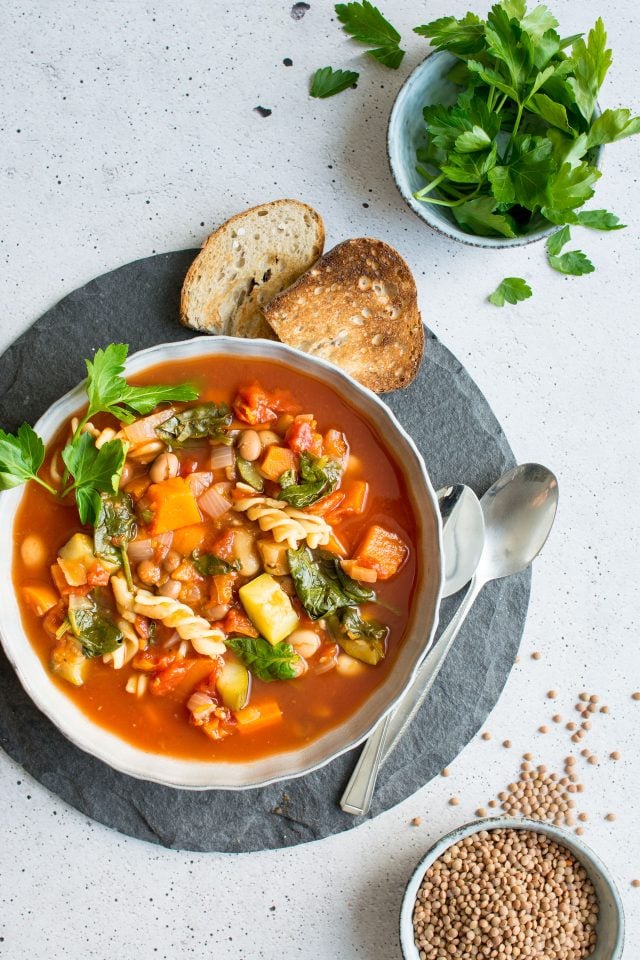 A warming, winter vegetable minestrone soup. Stuffed full of vegetables and pasta and beans