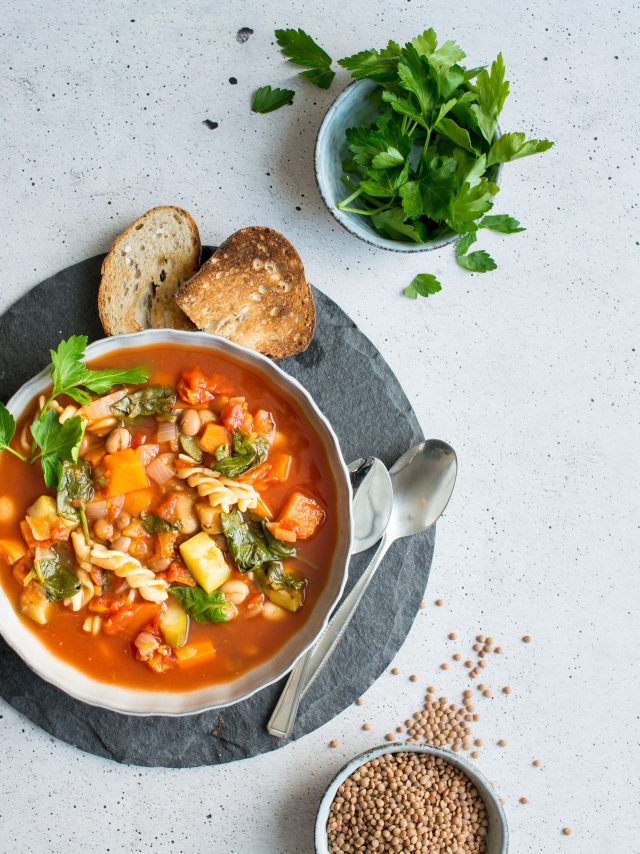 A warming, winter vegetable minestrone soup. Stuffed full of vegetables, pasta and beans