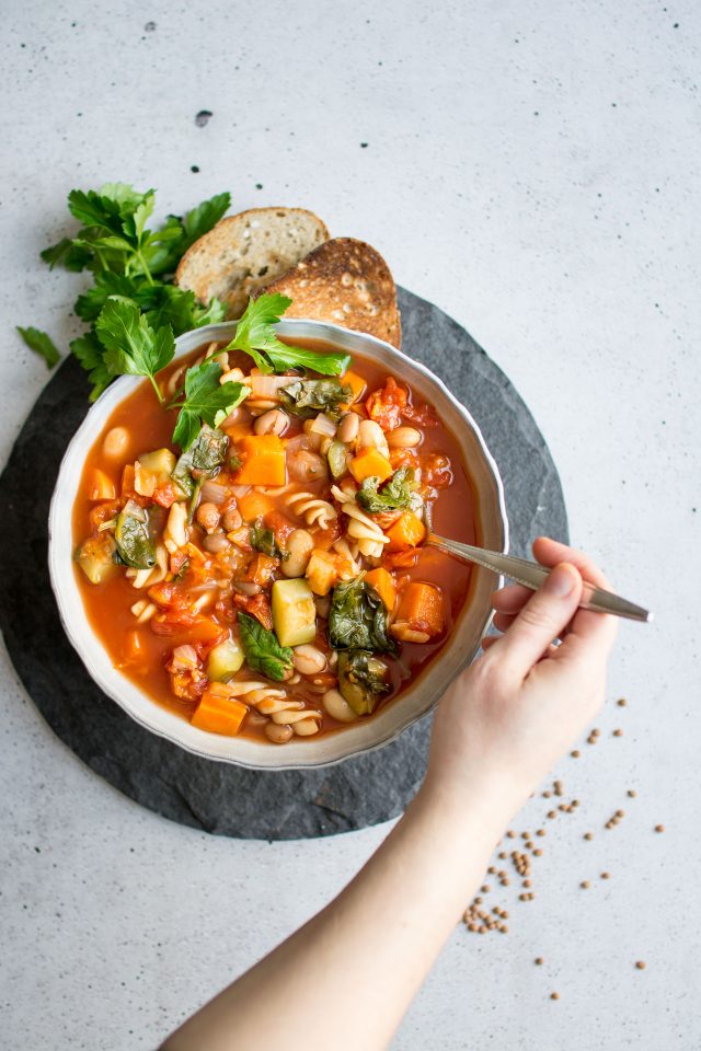 A warming, winter vegetable minestrone soup. Stuffed full of vegetables and pasta and beans
