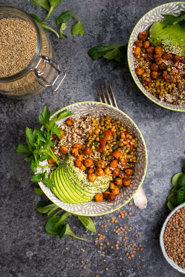 Warm Lentil and Tomato Salad with chilli roasted chickpeas. A delicious vegan meal!