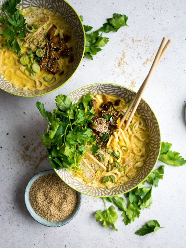 A rich, vegan, coconut curry ramen bowl, with marinated mushrooms and crispy tofu!