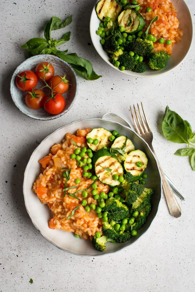 A fresh tomato risotto with grilled greens, and my top tips on making the perfect risotto!