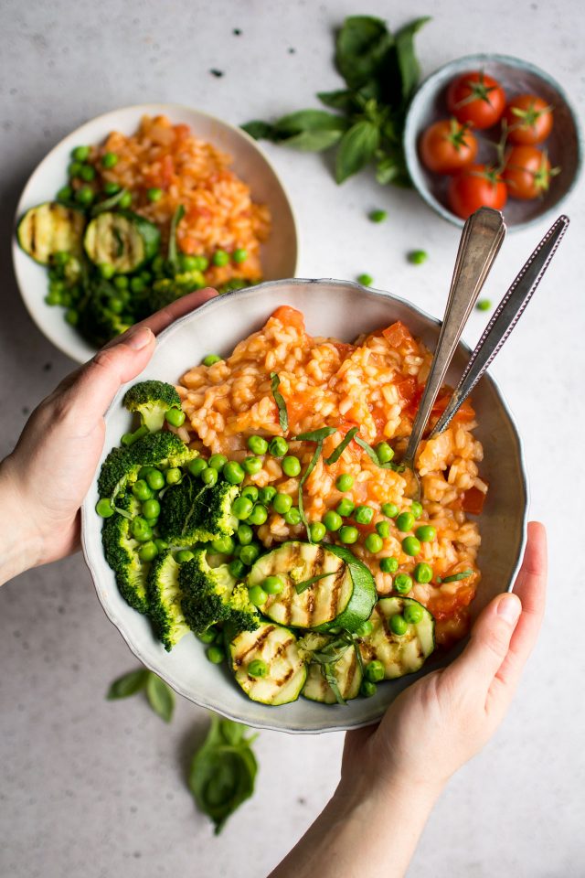 A fresh tomato risotto with grilled greens, and my top tips on making the perfect risotto!