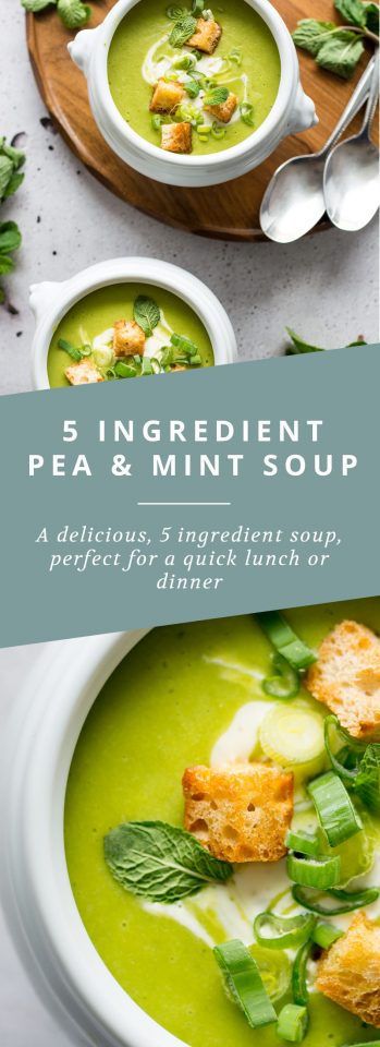 A quick, simple and vegan 5 ingredient pea and mint soup with a coconut cream swirl