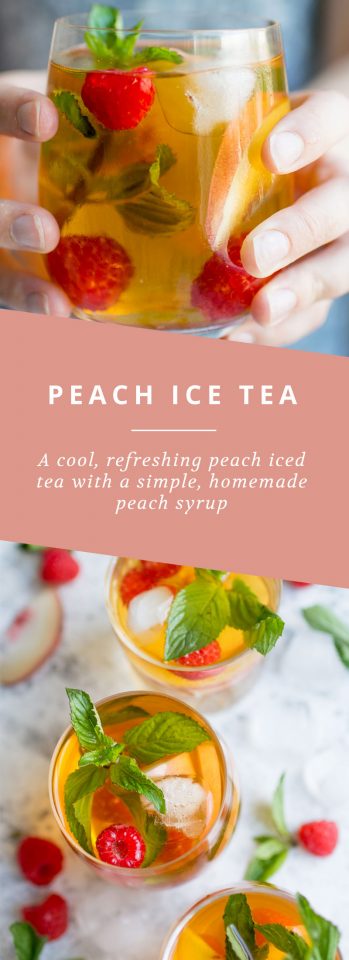A cool, refreshing peach ice tea with a simple, homemade peach syrup