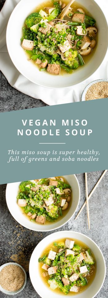 Vegan Miso Soup is healthy, full of greens, ginger, and soba noodles