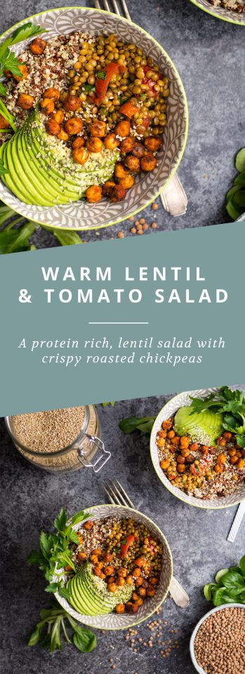 A protein rich vegan salad, with lentils, roasted tomatoes and crispy roasted chickpeas!