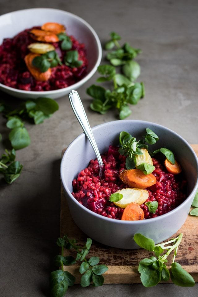 An earthy barley risotto cooked with beetroot and roasted carrots